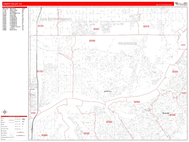 Jurupa Valley, CA ZIP Code Wall Map, RedLine style