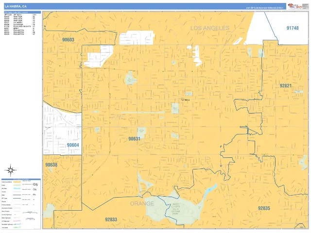 La Habra, CA ZIP Code Wall Map, Business Reference style
