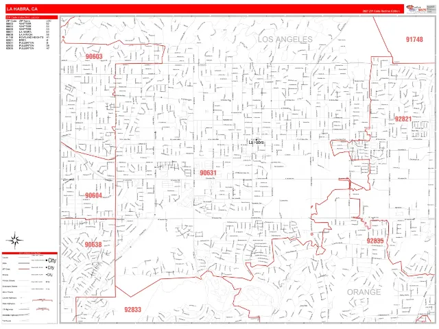 La Habra, CA ZIP Code Wall Map, RedLine style