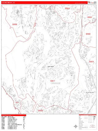 Laguna Niguel, CA RedLine style ZIP Code wall map