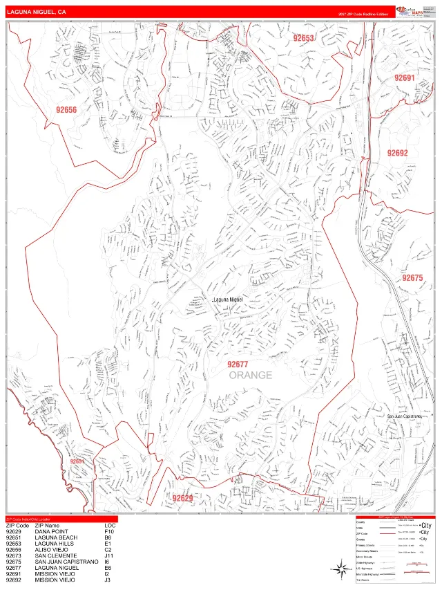 Laguna Niguel, CA ZIP Code Wall Map, RedLine style