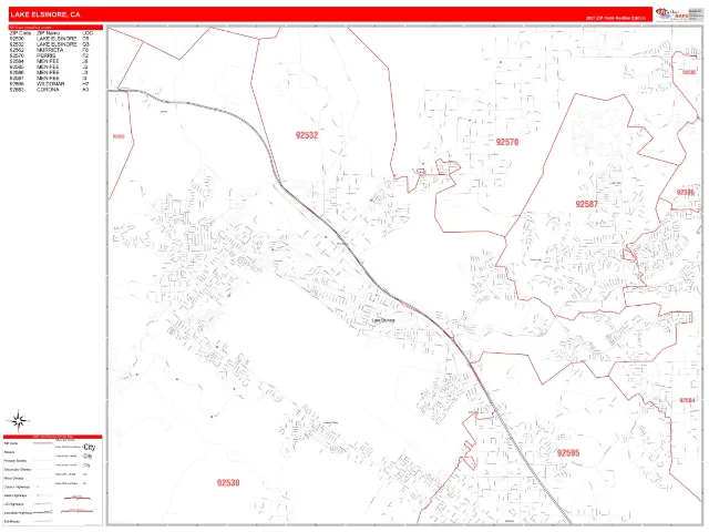Lake Elsinore, CA ZIP Code Wall Map, RedLine style