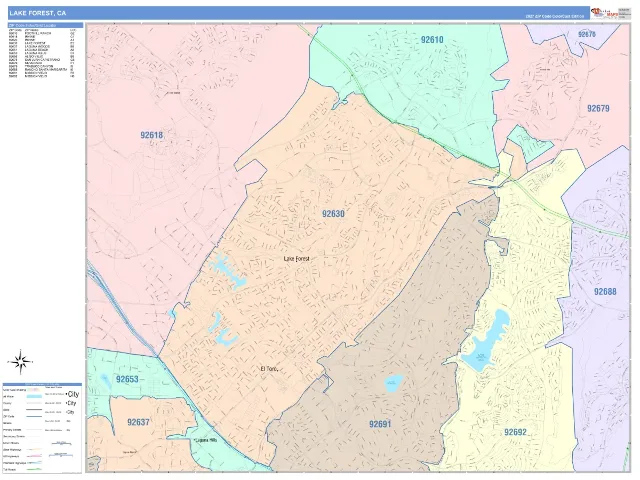 Lake Forest, CA ZIP Code Wall Map, ColorCast style