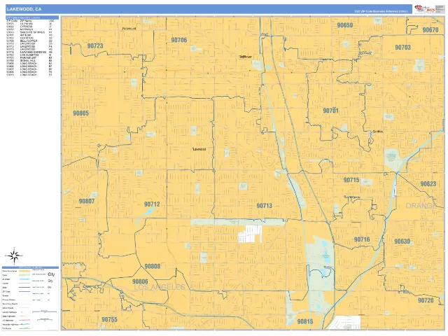 Lakewood, CA ZIP Code Wall Map, Business Reference style