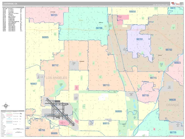 Lakewood, CA ZIP Code Wall Map, Classic style
