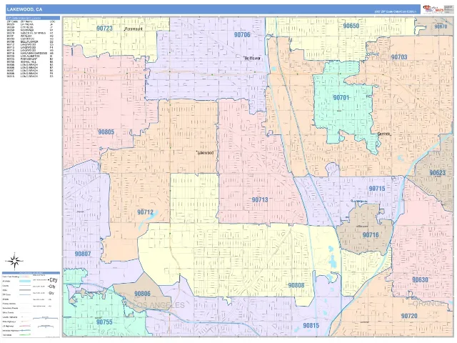 Lakewood, CA ZIP Code Wall Map, ColorCast style