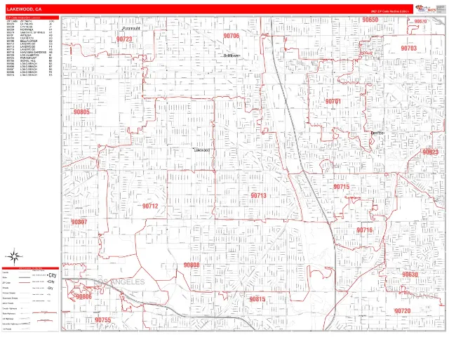 Lakewood, CA ZIP Code Wall Map, RedLine style
