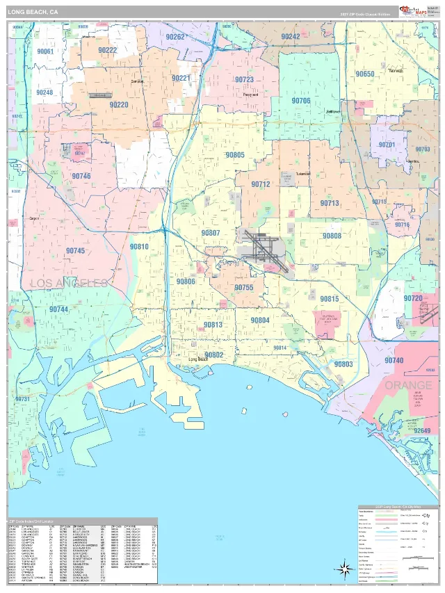 Long Beach, CA ZIP Code Wall Map, Classic style