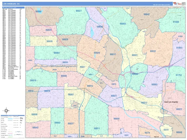 Los Angeles, CA ZIP Code Wall Map, ColorCast style