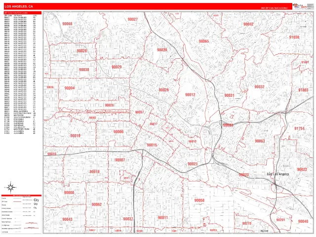 Los Angeles, CA ZIP Code Wall Map, RedLine style