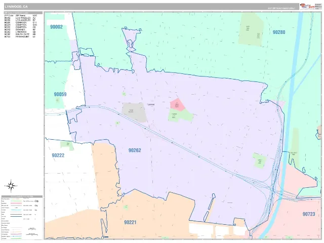 Lynwood, CA ZIP Code Wall Map, Classic style