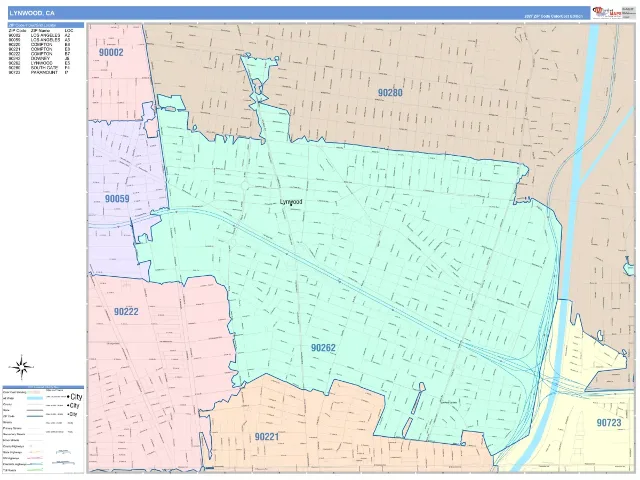 Lynwood, CA ZIP Code Wall Map, ColorCast style