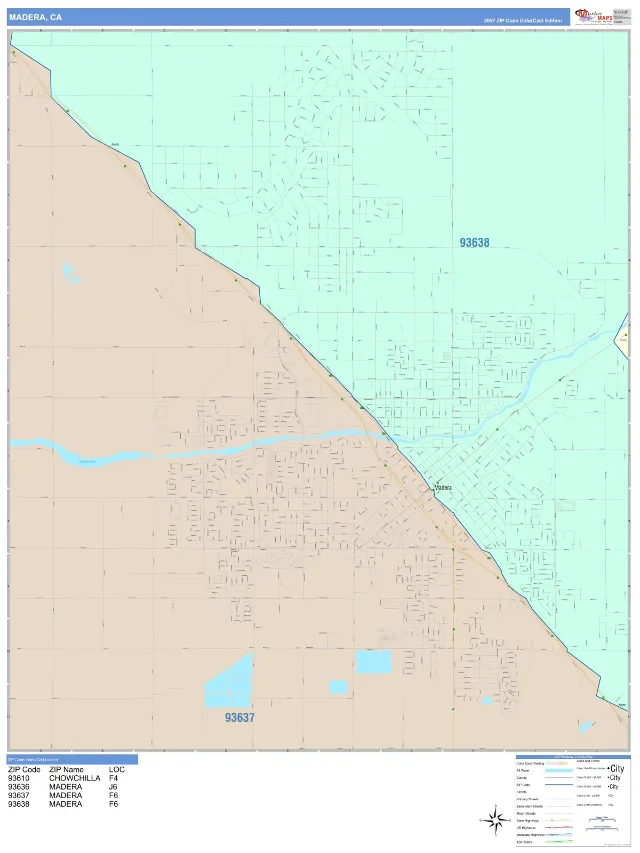Madera, CA ZIP Code Wall Map, ColorCast style