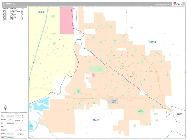 Manteca, CA ZIP Code Wall Map, Classic style