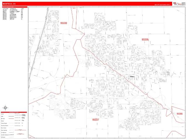 Manteca, CA ZIP Code Wall Map, RedLine style