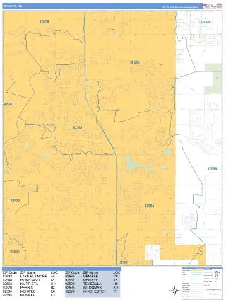 Menifee, CA Business Reference style ZIP Code wall map