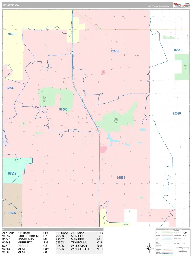 Menifee, CA ZIP Code Wall Map, Classic style