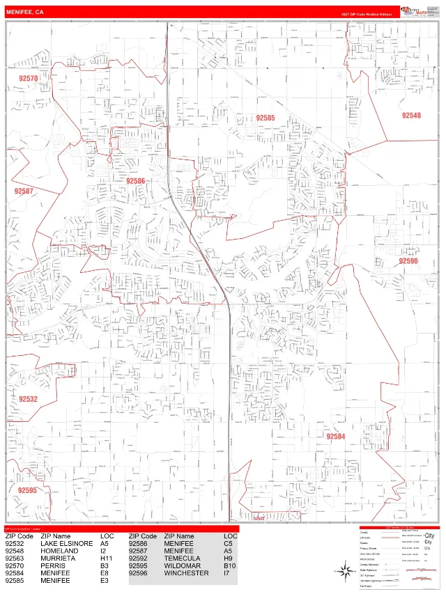 Menifee, CA ZIP Code Wall Map, RedLine style