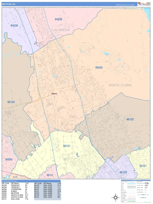 Milpitas, CA ZIP Code Wall Map, ColorCast style
