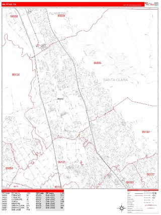 Milpitas, CA RedLine style ZIP Code wall map