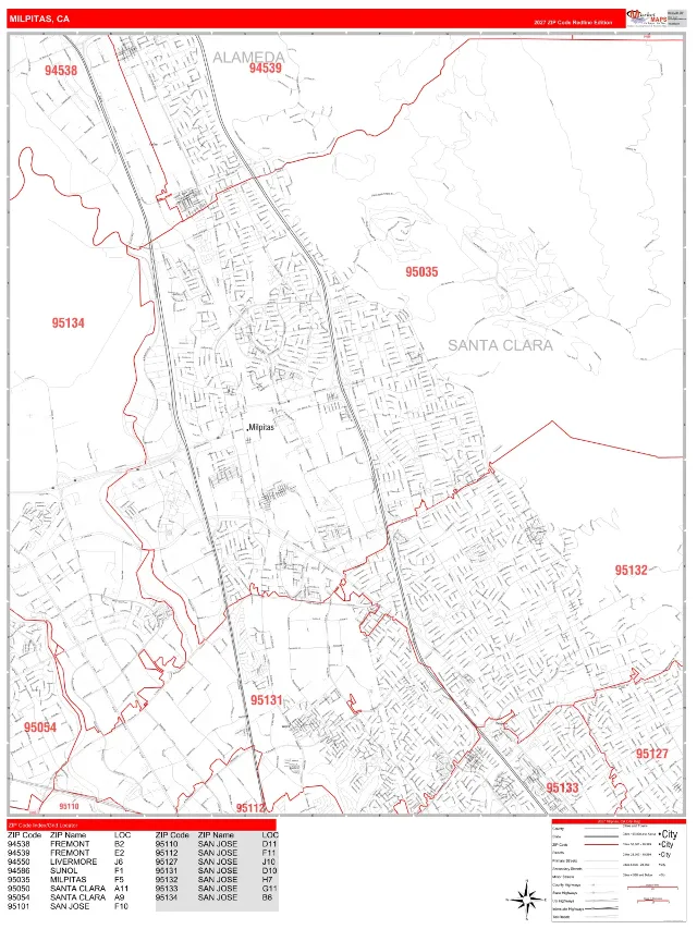 Milpitas, CA ZIP Code Wall Map, RedLine style