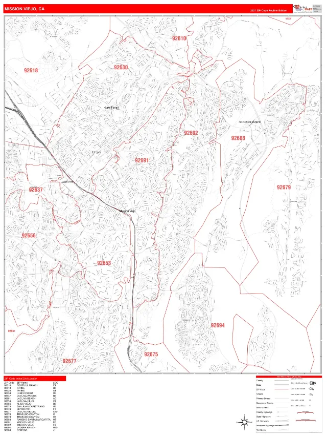 Mission Viejo, CA ZIP Code Wall Map, RedLine style