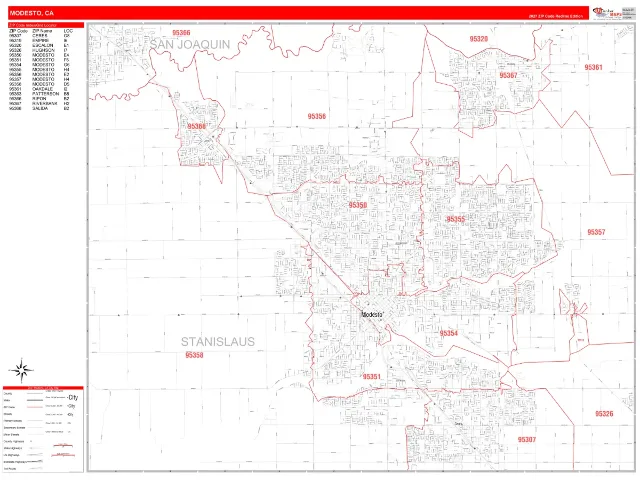 Modesto, CA ZIP Code Wall Map, RedLine style