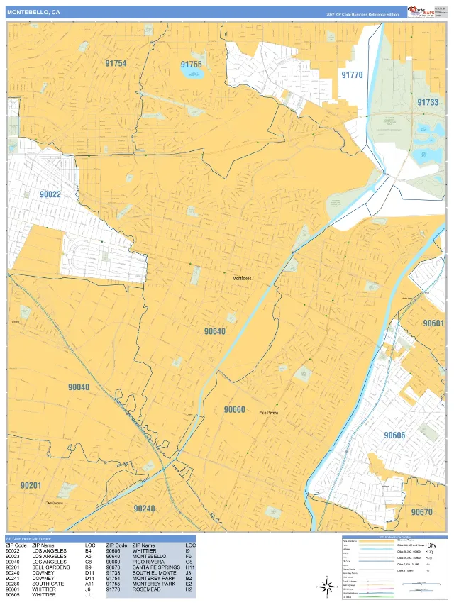 Montebello, CA ZIP Code Wall Map, Business Reference style