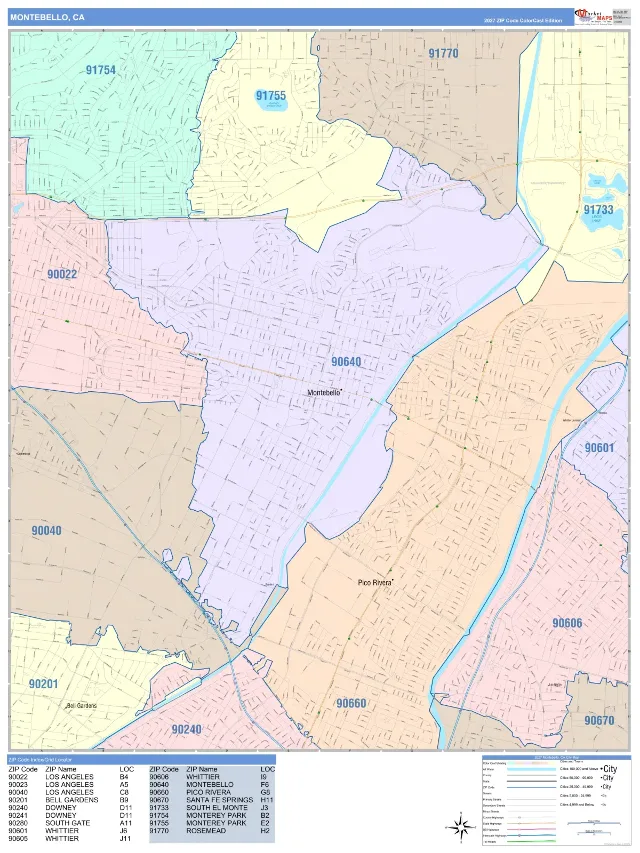 Montebello, CA ZIP Code Wall Map, ColorCast style