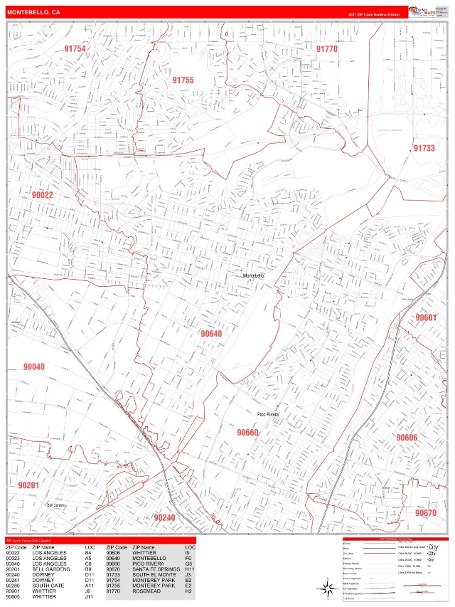 Montebello, CA ZIP Code Wall Map, RedLine style