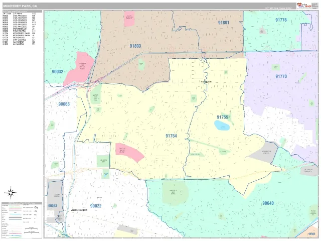 Monterey Park, CA ZIP Code Wall Map, Classic style