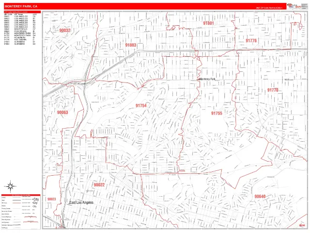 Monterey Park, CA ZIP Code Wall Map, RedLine style