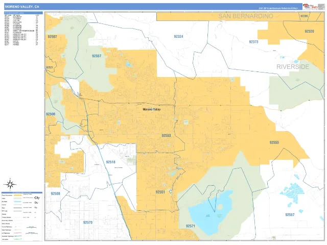 Moreno Valley, CA ZIP Code Wall Map, Business Reference style