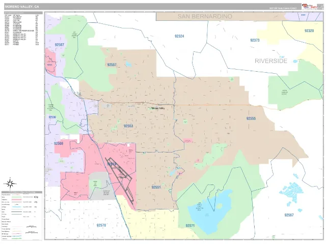 Moreno Valley, CA ZIP Code Wall Map, Classic style