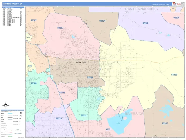 Moreno Valley, CA ZIP Code Wall Map, ColorCast style