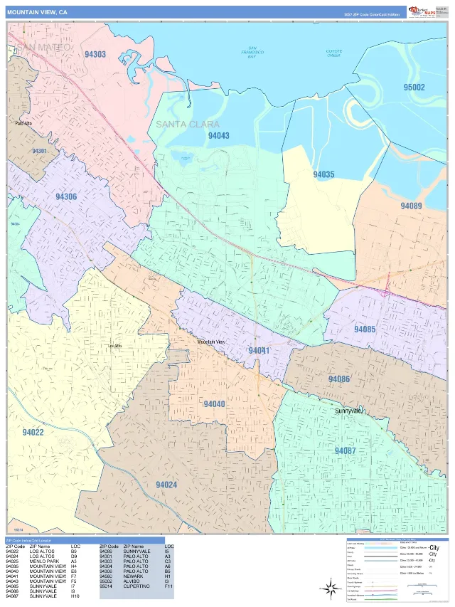 Mountain View, CA ZIP Code Wall Map, ColorCast style