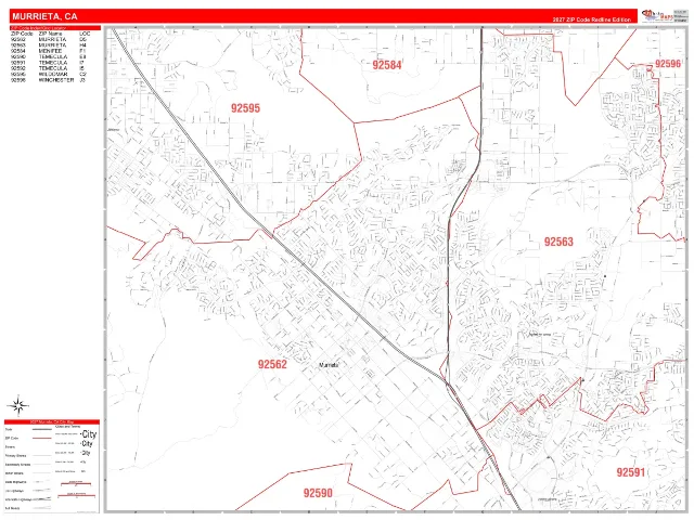 Murrieta, CA ZIP Code Wall Map, RedLine style