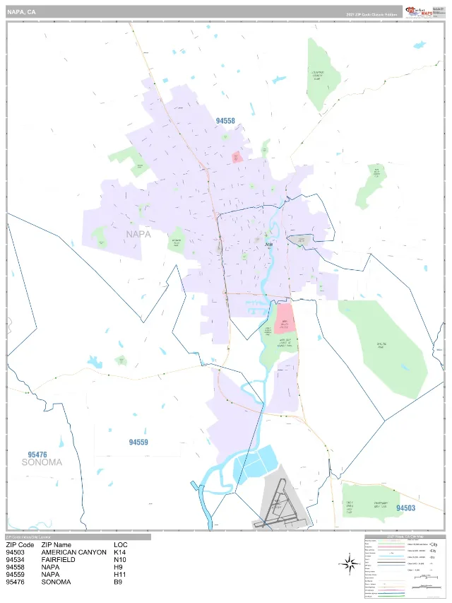 Napa, CA ZIP Code Wall Map, Classic style