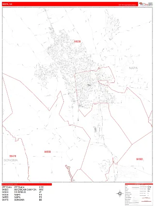 Napa, CA RedLine style ZIP Code wall map