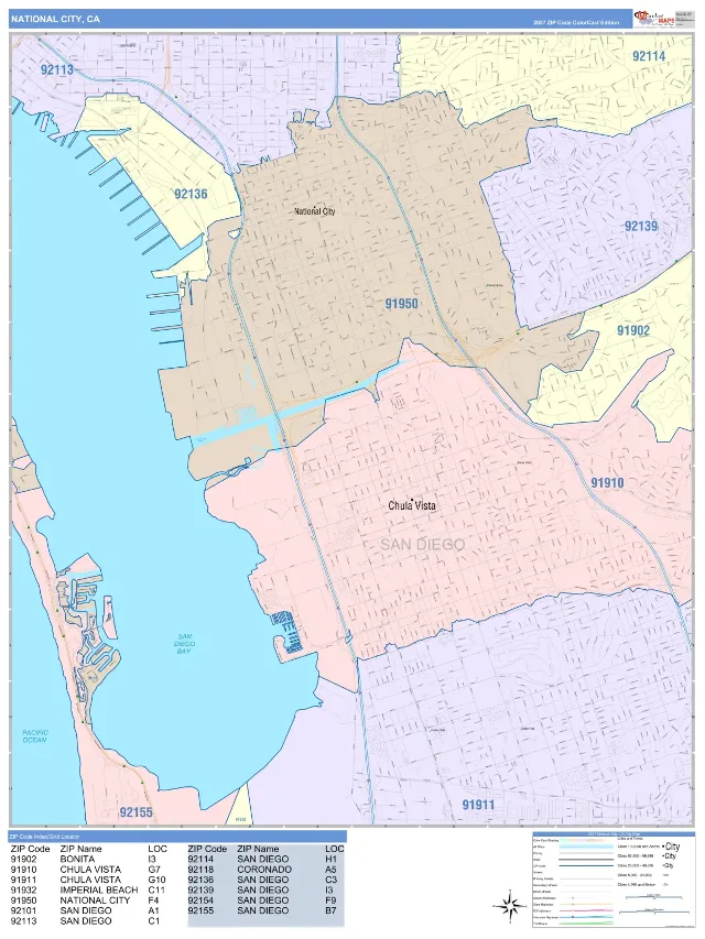 National City, CA ZIP Code Wall Map, ColorCast style