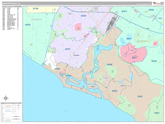 Newport Beach, CA ZIP Code Wall Map, Classic style