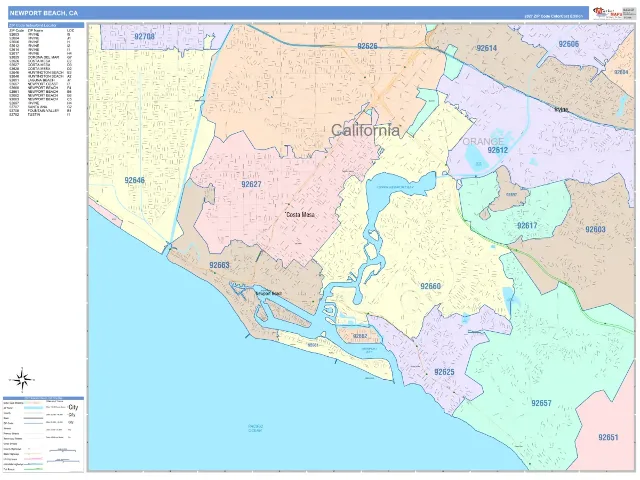 Newport Beach, CA ZIP Code Wall Map, ColorCast style