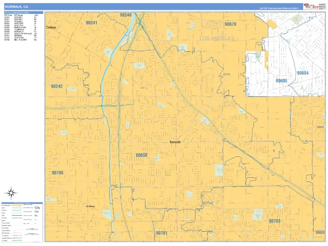 Norwalk, CA ZIP Code Wall Map, Business Reference style