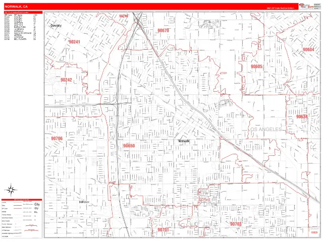 Norwalk, CA ZIP Code Wall Map, RedLine style