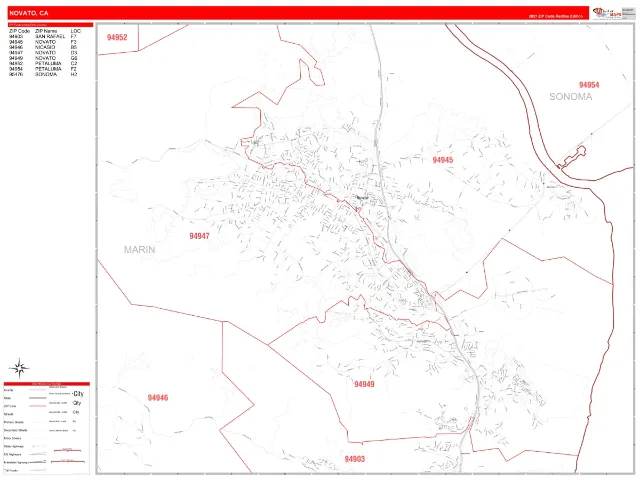 Novato, CA ZIP Code Wall Map, RedLine style