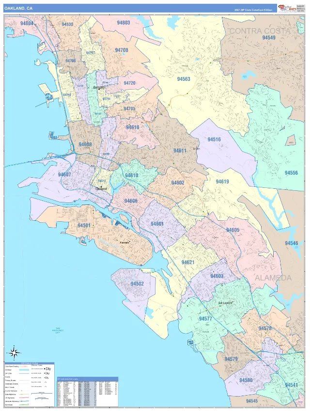 Oakland, CA ZIP Code Wall Map, ColorCast style