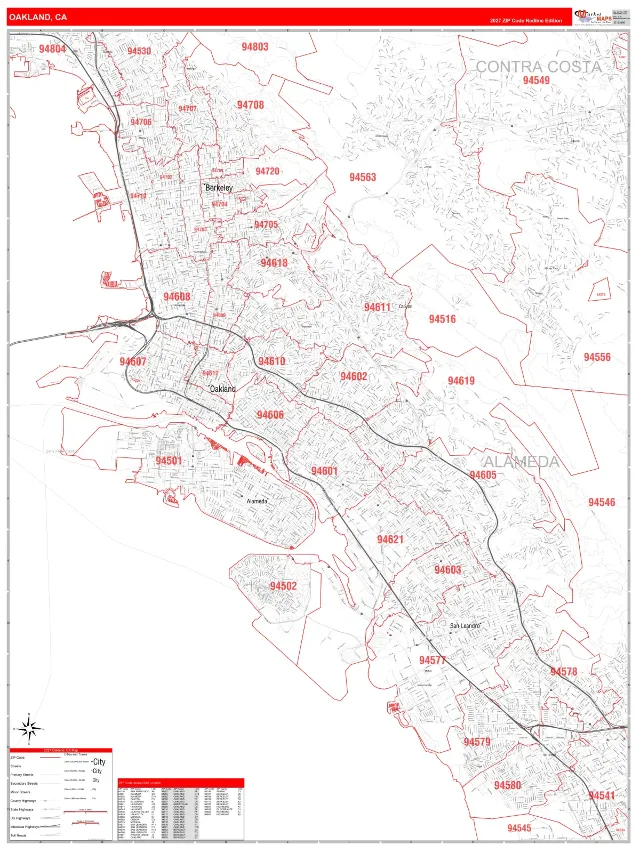 Oakland, CA ZIP Code Wall Map, RedLine style