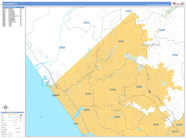 Oceanside, CA ZIP Code Wall Map, Business Reference style