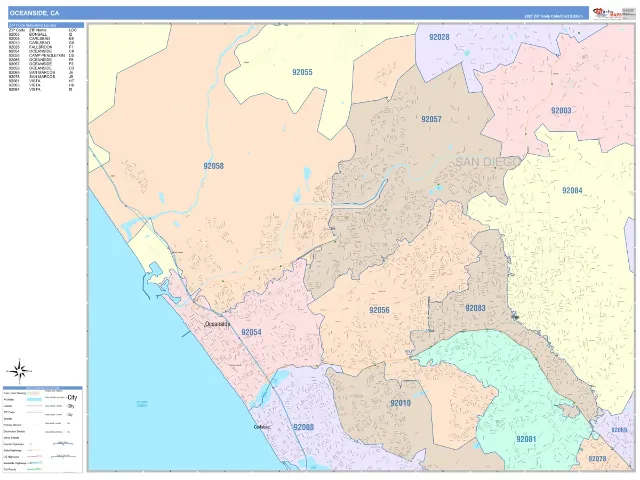 Oceanside, CA ZIP Code Wall Map, ColorCast style