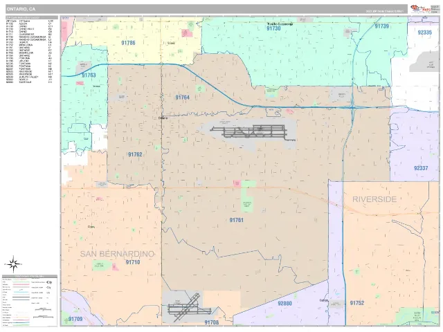 Ontario, CA ZIP Code Wall Map, Classic style